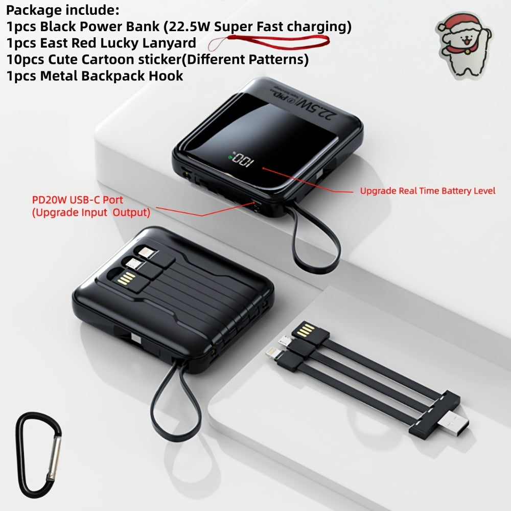Power Bank 10000mAh with Built-In Cable Set, 5W/15W/22.5W selections, Display and Lanyard for Travel