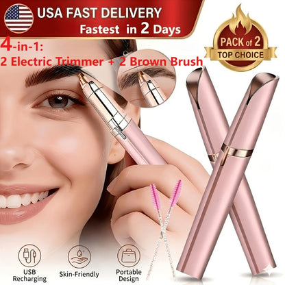 Electric Eyebrow Trimmer for Women 2 Pack, USB Rechargeable Painless Precision Eyebrow Razor Pen, Portable Hair Remover for Face Lip Leg
