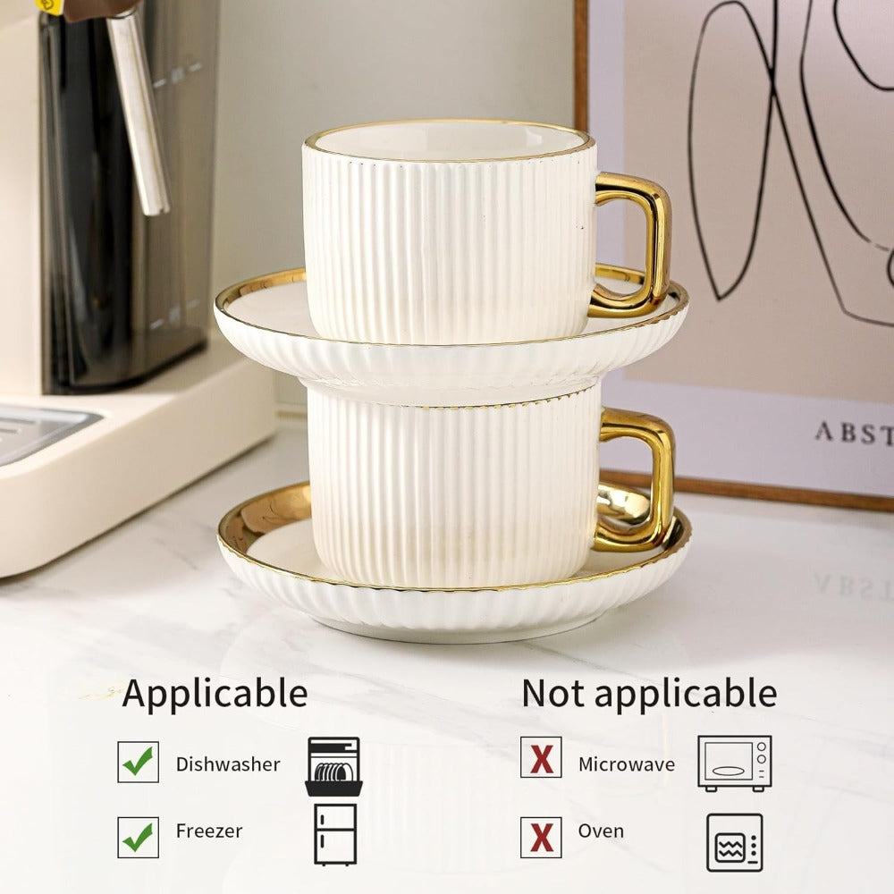 Ceramic Cappuccino Cups with Saucers Set of 6 – 8oz Coffee Mugs with Golden Trim, Latte Art Cups for Espresso Mocha