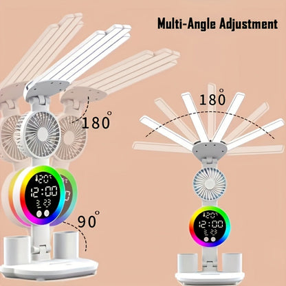 LED Desk Lamp with Built-in Fan & Touch Control, Dual Head Adjustable, USB Charging, 3 Color Modes Dimmable