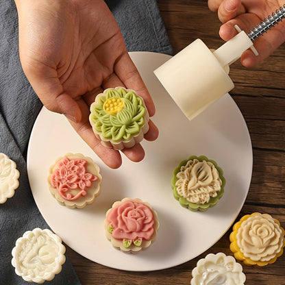Mooncake Mold 7pcs Set, 50g Hand Press Moon Cake Maker with 6 Flower Pattern Stamps, Mid-Autumn Festival Cookie Stamp Pastry Tool