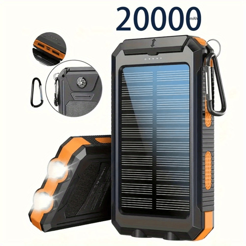 Solar Power Bank 20000mAh Outdoor Portable Charger with LED Flashlight SOS Compass & Carabiner Hook