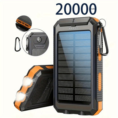 Solar Power Bank 20000mAh Outdoor Portable Charger with LED Flashlight SOS Compass & Carabiner Hook