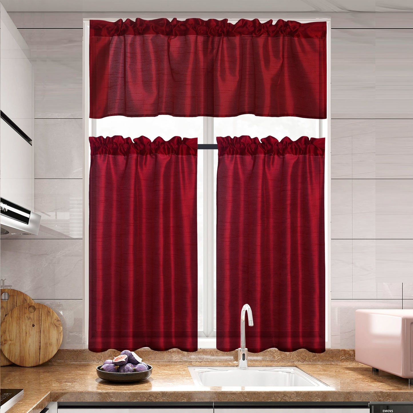 Three-Piece Faux Silk Window Curtain Set with Rod-Pocket Valance, Two 26 x 36-Inch Tiers and Eleven Colors