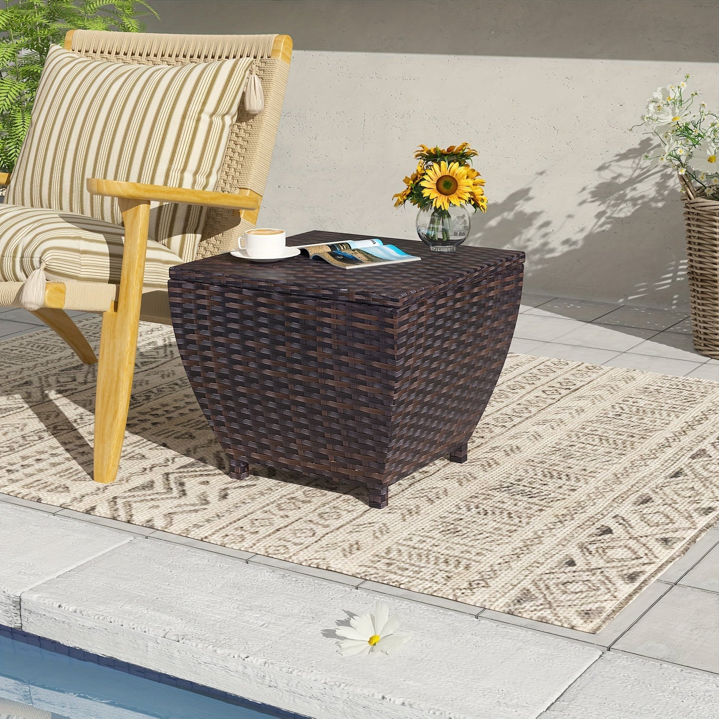 PE Wicker-Look Outdoor Storage Side Table with Flip-Top Lid and Brown, Gray or Black Options