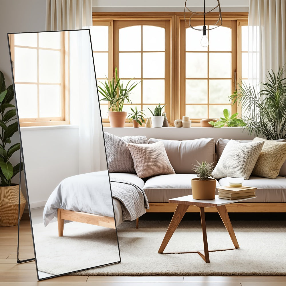 Full Length Mirror Floor Standing, Arched & Rect Body Mirror with Stand, Hanging or Leaning Wall Mirror, Aluminum Alloy Thin Frame