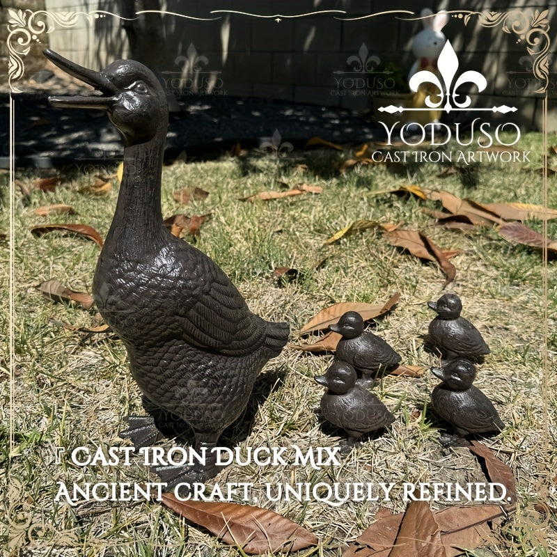 Garden Duck Statue Cast Iron Outdoor Lawn Ornament Rustic Farmhouse Metal Sculpture Mother Duck Ducklings Yard Decor Multiple Styles