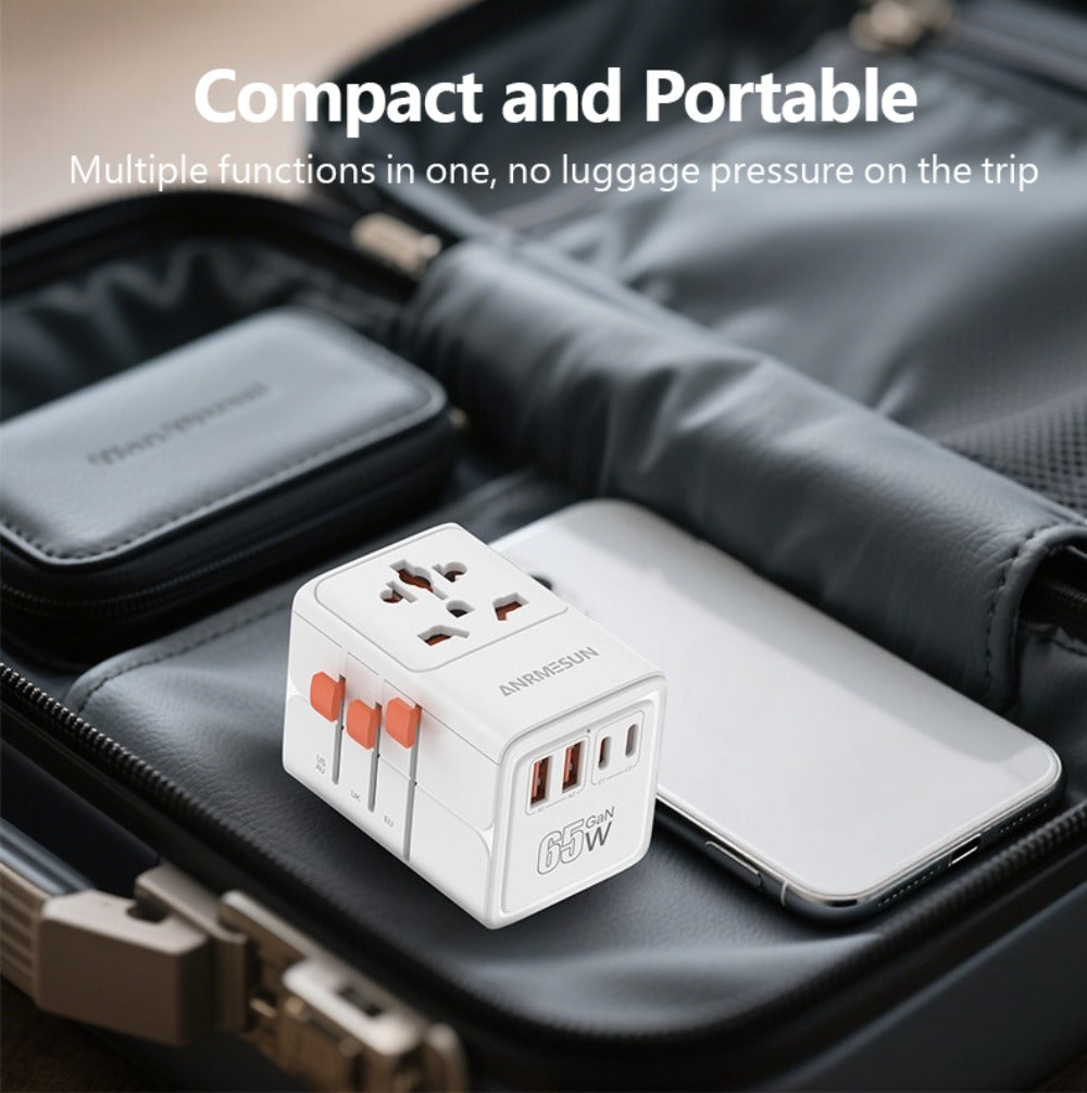 65W Universal Travel Adapter with 4 USB Ports - 2 USB-C & 2 USB-A Fast Charging, US EU UK AU Plugs