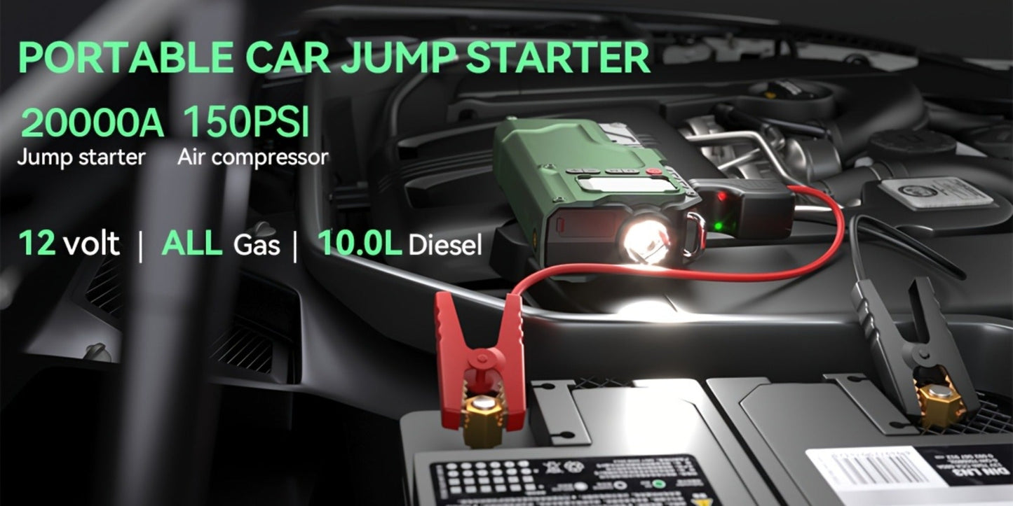 Green Jump Starter and Tire Inflator Enhanced Version with Digital Pressure Display and Clamp Leads