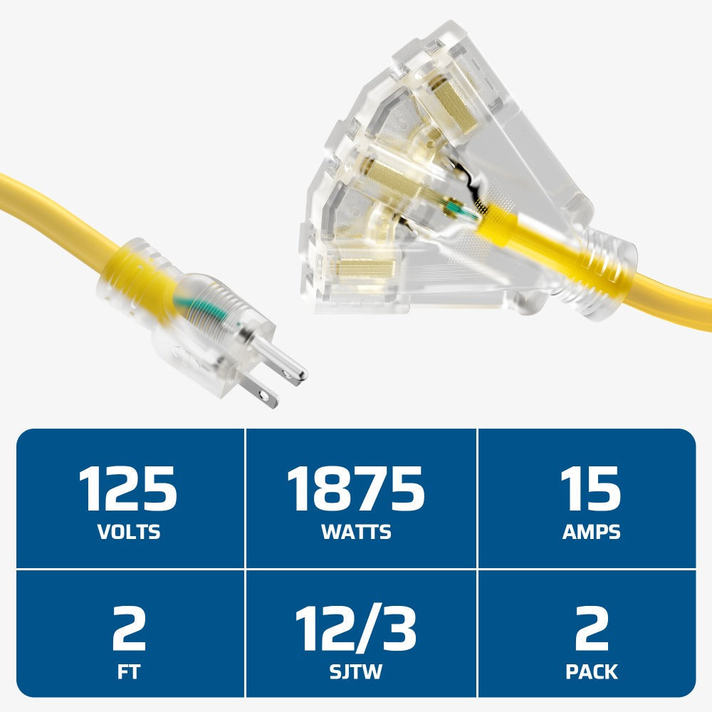 Extension Cord Splitter Tri-Tap 2-Pack, 15A SJTW Contractor Grade, LED Lighted Plug, 2ft Yellow Jacket for Outdoor & Job Site Use