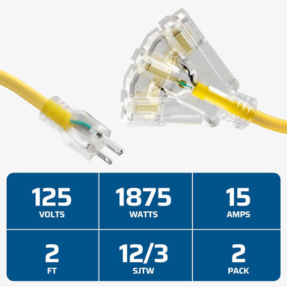 Extension Cord Splitter Tri-Tap 2-Pack, 15A SJTW Contractor Grade, LED Lighted Plug, 2ft Yellow Jacket for Outdoor & Job Site Use