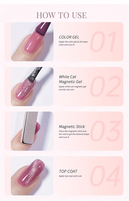 White Glitter Cat Eye Gel Polish Set 2pc Sparkling Magnetic with Stick Included | Soak Off UV LED 0.51oz Each Semi-Permanent 3D Nail Art |