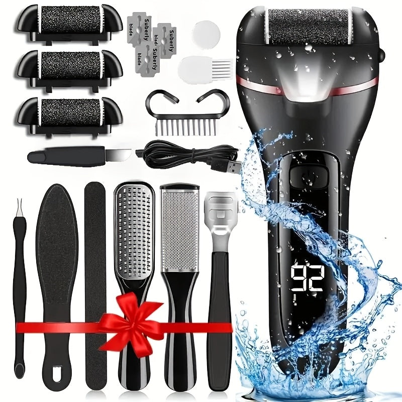Electric Pedicure Foot File 10-in-1 Kit, Rechargeable with Digital Display, 3 Roller Heads