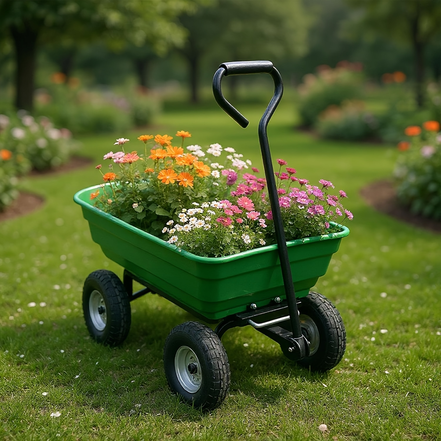 Utility Wagon Poly Bed Steel Frame Dump Cart with Built-in Stand, Towable Wheelbarrow for Garden
