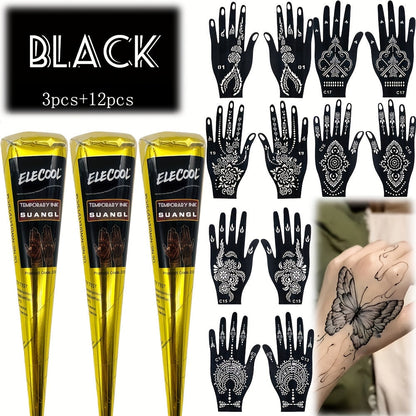 Temporary Semi-Permanent Tattoo Paste Kit - Body Art Gel in Brown & Black with Tattoo Templates