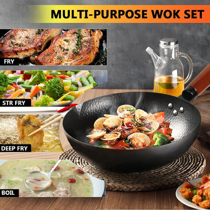 Carbon Steel Wok Set with Lid and 14-Piece Accessory Kit, 12.6 Inch Stir-Fry Pan with Spatula, Brush, Ring and Utensils