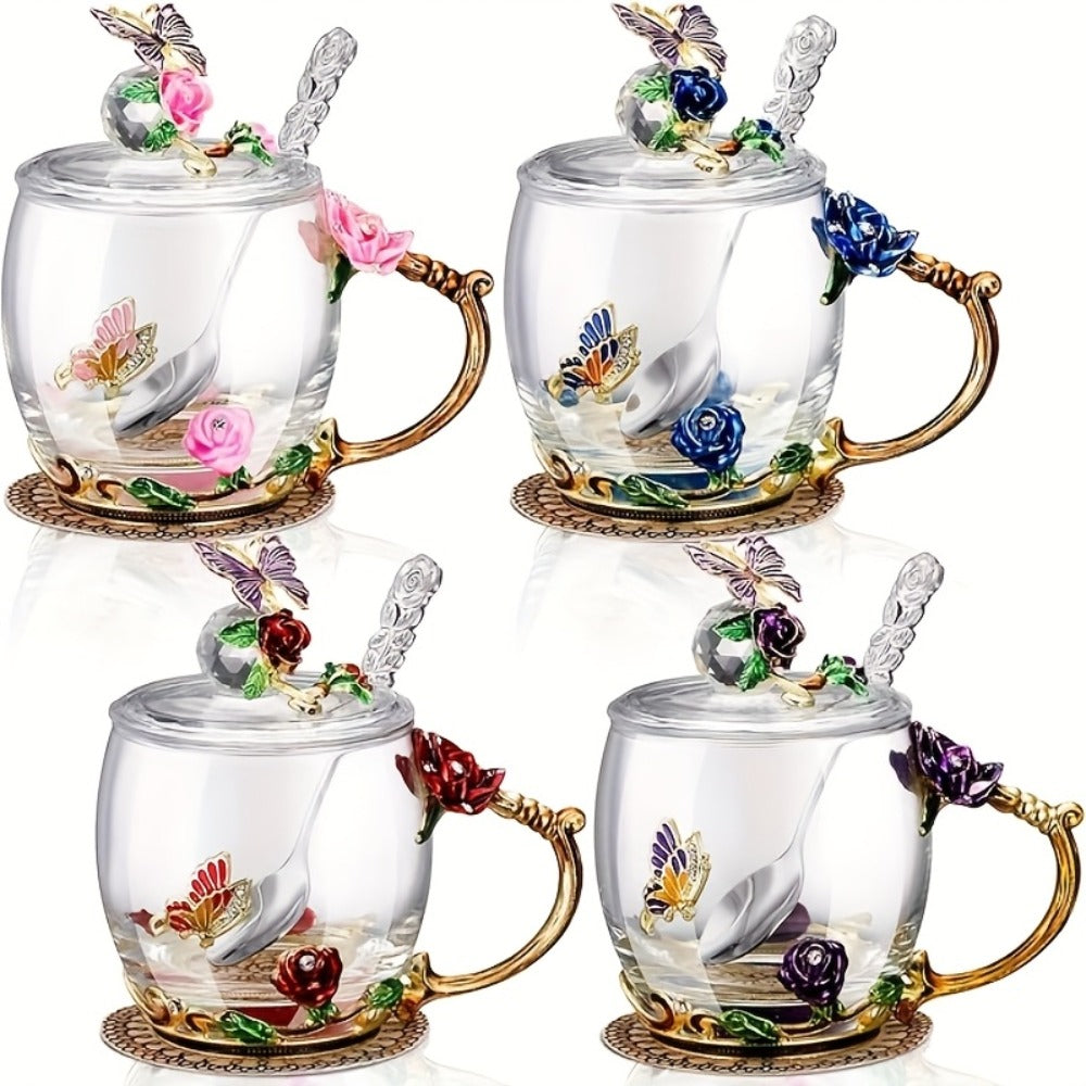Flower Glass Tea Cups with Lids and Spoon 4 Sets Butterfly Vintage Floral Clear Glass Coffee Mugs 12oz Gift for Women Mom Wife Girlfriend