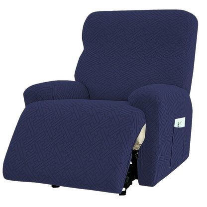 Four-Piece Maze Jacquard Recliner Chair Cover Set with Side Pocket and Nine Solid Color Options