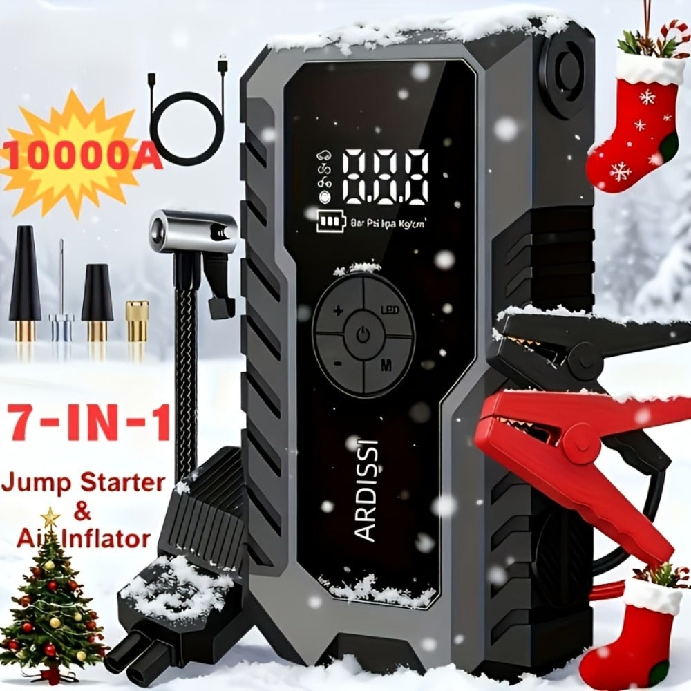 Car Jump Starter 10000A with 150PSI Tire Inflator – 7-in-1 Emergency Battery Booster Pack, 5000A Peak, 10000mAh Power Bank, LED Light