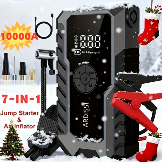 Car Jump Starter 10000A with 150PSI Tire Inflator – 7-in-1 Emergency Battery Booster Pack, 5000A Peak, 10000mAh Power Bank, LED Light