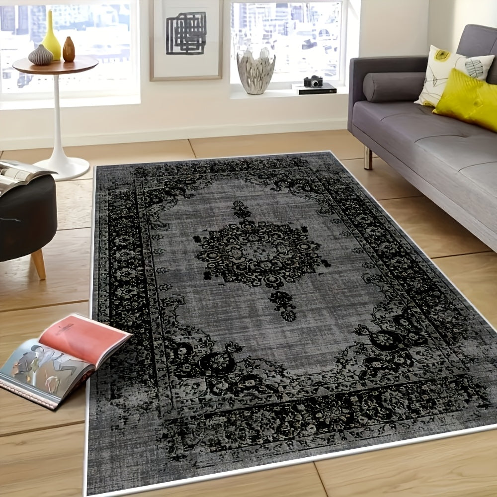 Area Rug Velvet Bohemian Floral Geometric Low-Pile Design in Six Machine-Washable Room Sizes