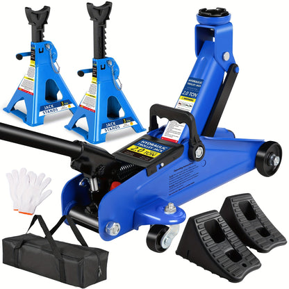 Hydraulic Floor Jack Kit 2/2.5/3 Ton Low Profile Trolley Jack with Jack Stands, Tire Repair Kit, Wheel Wrench & Wheel Chock Combo – Red/Blue