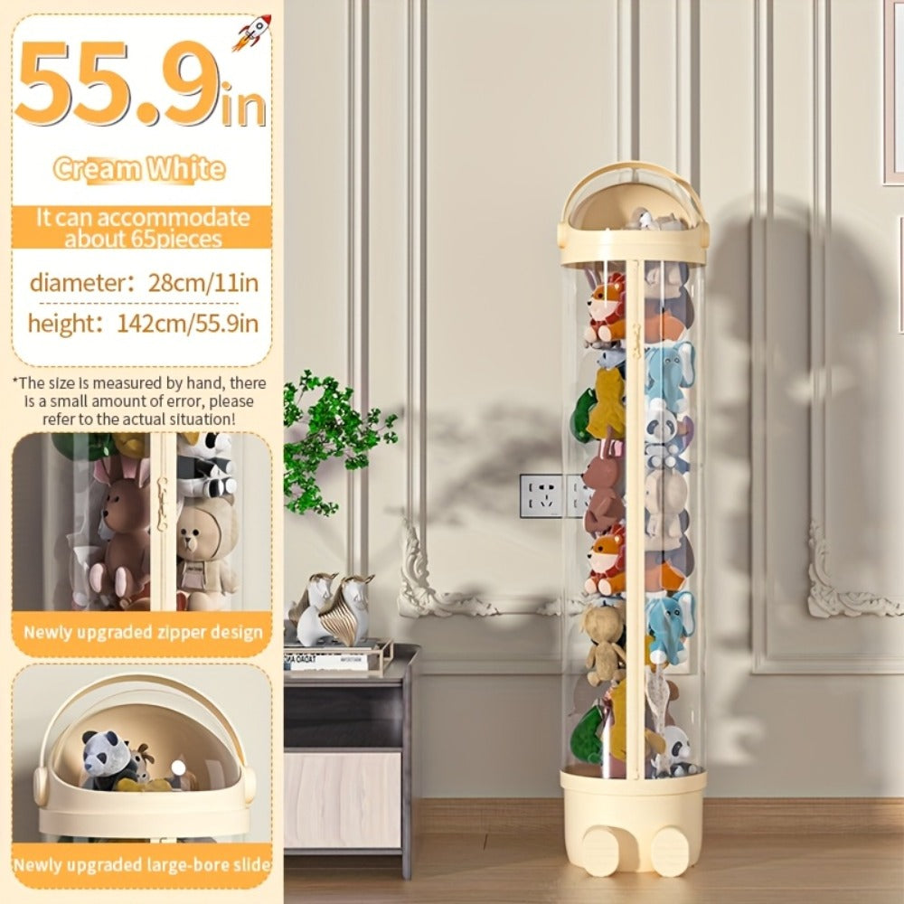 Stuffed Animal Storage Bin Transparent Cylindrical with Zipper, Large Plush Toy Organizer for Kids Bedroom Living Room