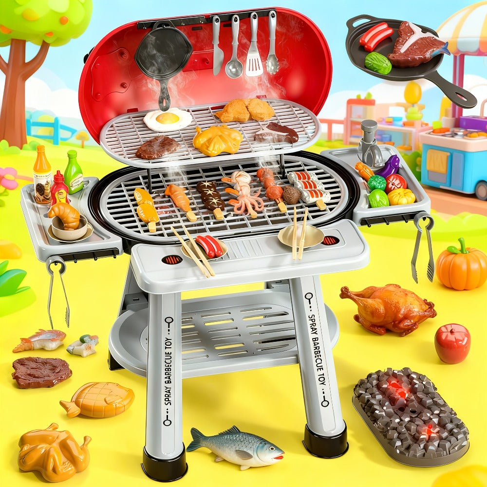 Kids BBQ Grill Playset Two-Tier with Toy Food Meats Fruits Spices & Working Water Tap for Grilling, Camping and Outdoor Meals