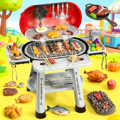 Kids BBQ Grill Playset Two-Tier with Toy Food Meats Fruits Spices & Working Water Tap for Grilling, Camping and Outdoor Meals