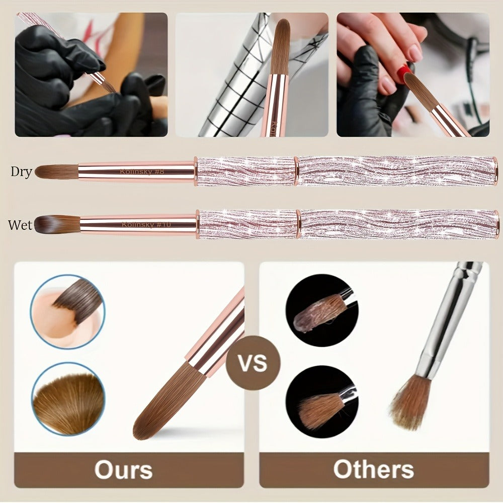 Kolinsky Nail Brush Pink Sparkling Metal Handle – Round Head Acrylic Nail Art Brush for Extensions & Manicure