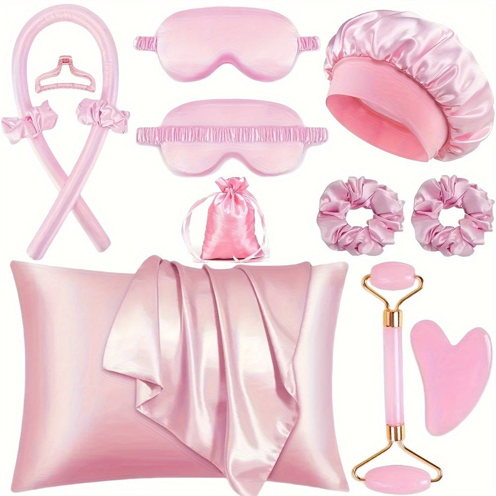 Heatless Curling Set 12pcs Overnight Sleep Hair Curlers Satin Sleep Cap Eye Mask Facial Roller Hairband Storage Bag No Heat Damage
