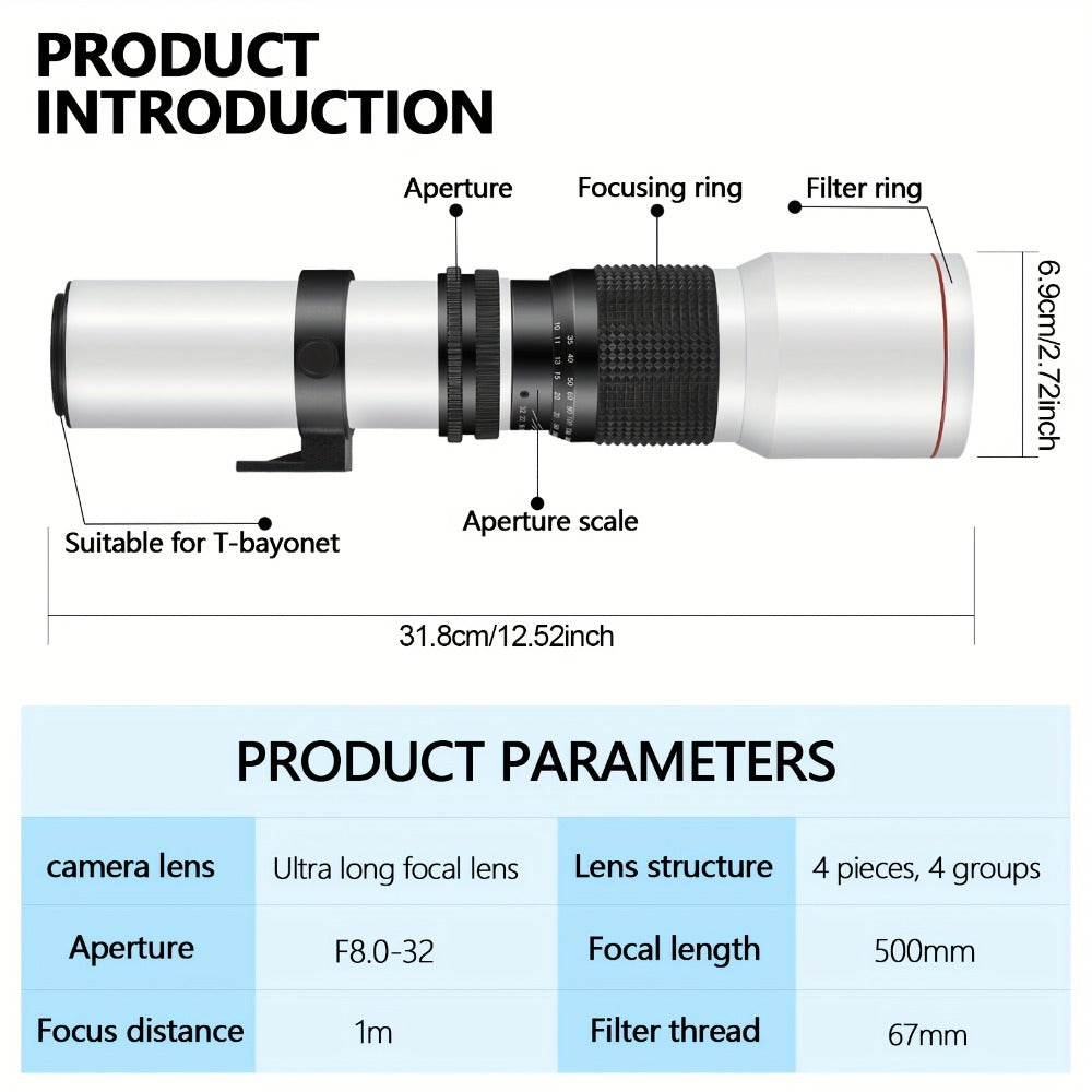 500mm F/8 Manual Focus Telephoto Lens for Canon EF & Nikon F Mount DSLR Cameras – T-Mount Zoom Lens with Adapters