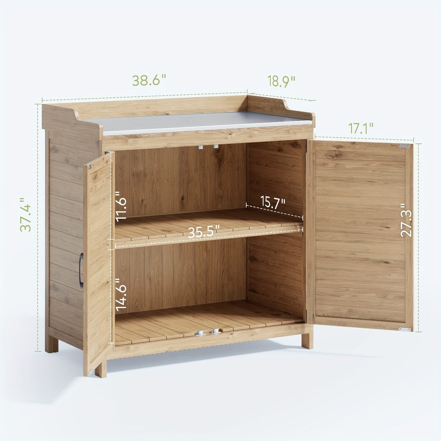 Potting Bench with Storage Cabinet, Outdoor Waterproof Wood Garden Shed Table with Removable Shelves & Doors