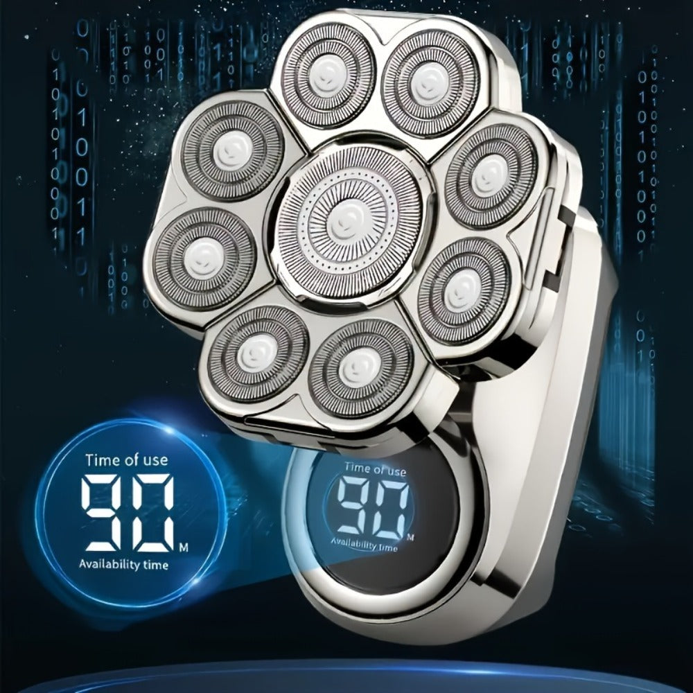 Nine-Head Rotary Electric Shaver Kit with Four Grooming Attachments, LED Display and Silver Finish