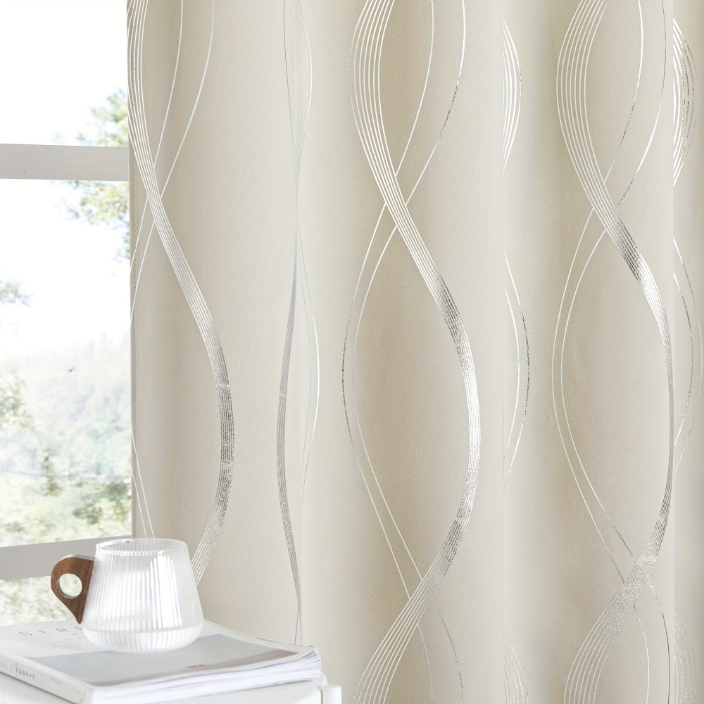 Two-Panel Wave-Line Foil Print Blackout Curtains in 10 Colors with 42- or 52-Inch Width Options