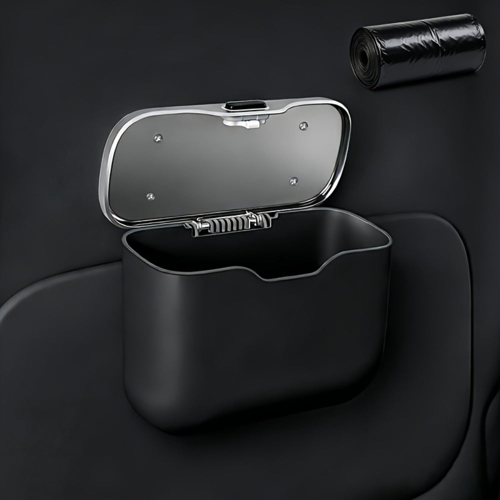 Slim Beige Car Trash Bin with Push Lid, Snap-On Mount, 17.1 cm Width and Included Liner Bags