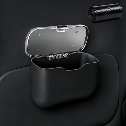 Slim Beige Car Trash Bin with Push Lid, Snap-On Mount, 17.1 cm Width and Included Liner Bags