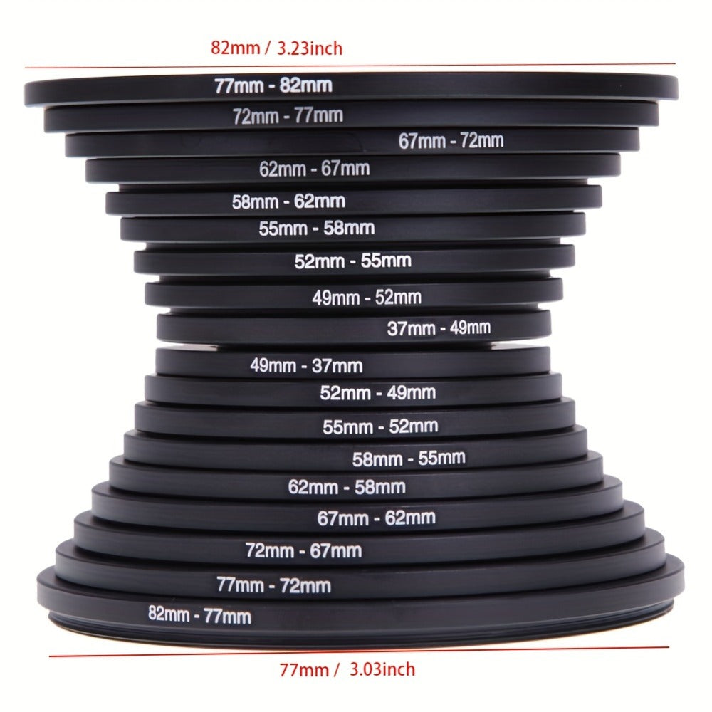 Step-Up Step-Down Lens Filter Adapter Rings 18pcs Set for DSLR Camera 37-82mm Aluminum Alloy Filter Ring Kit Compatible with Canon Nikon