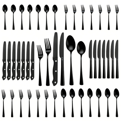 24- or 48-Piece Flatware Set with Silver, Gold or Black Finish Options and Black-Handle Steak Knives