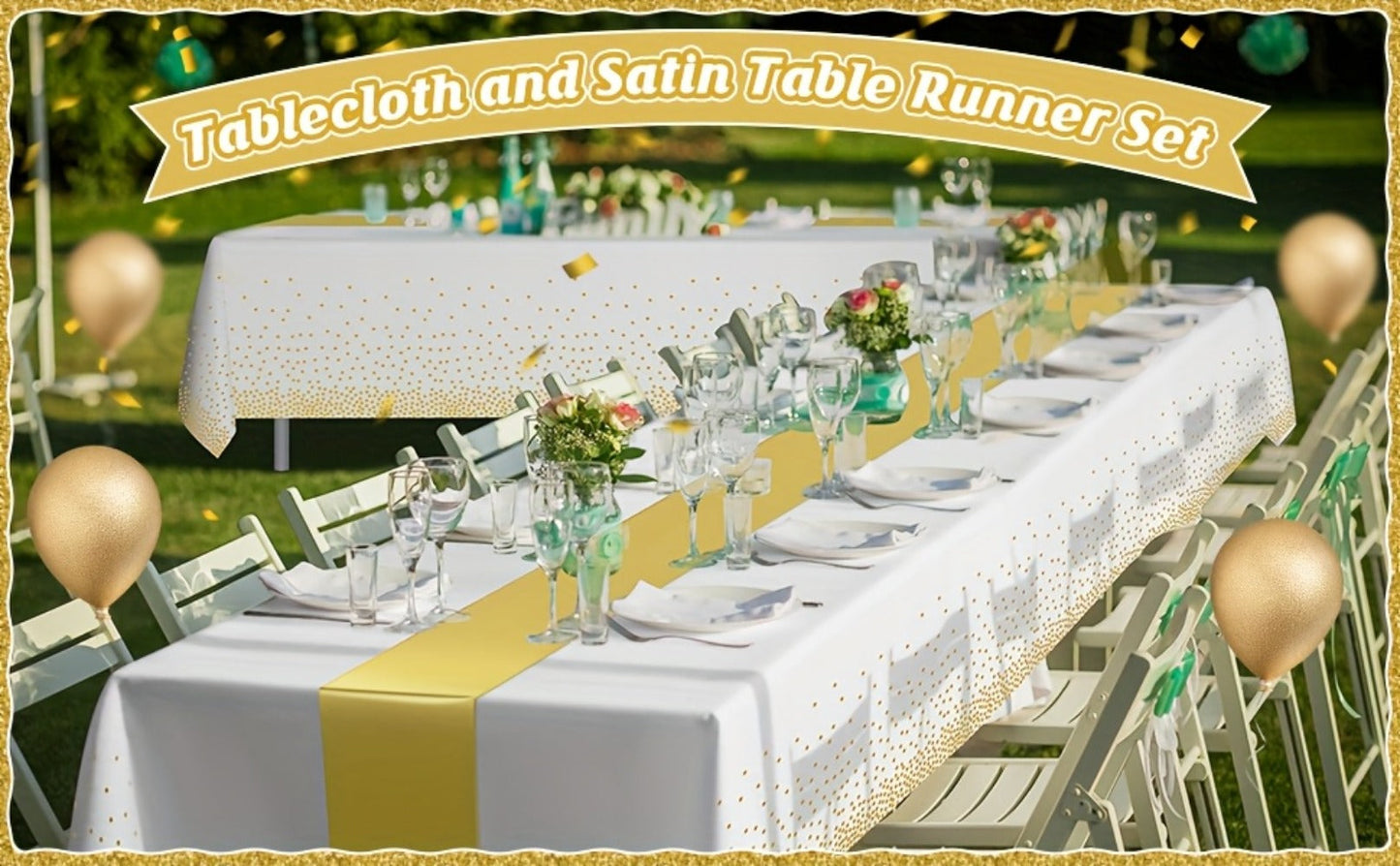 Disposable Tablecloth & Table Runner Set 10 Pack White Gold – Plastic Party Table Covers for Wedding Birthday Graduation Anniversary Baby