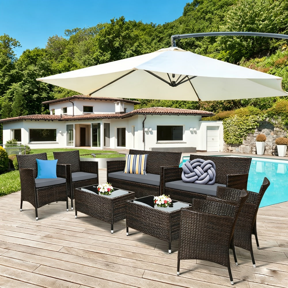 Outdoor Patio Furniture Set, Patio Conversation Set 4 or 8 Piece PE Rattan with Loveseat shown in the main product view