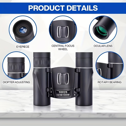 Compact 10x25 Pocket Binoculars with Smartphone Adapter, Center Focus and Folding Body in Black