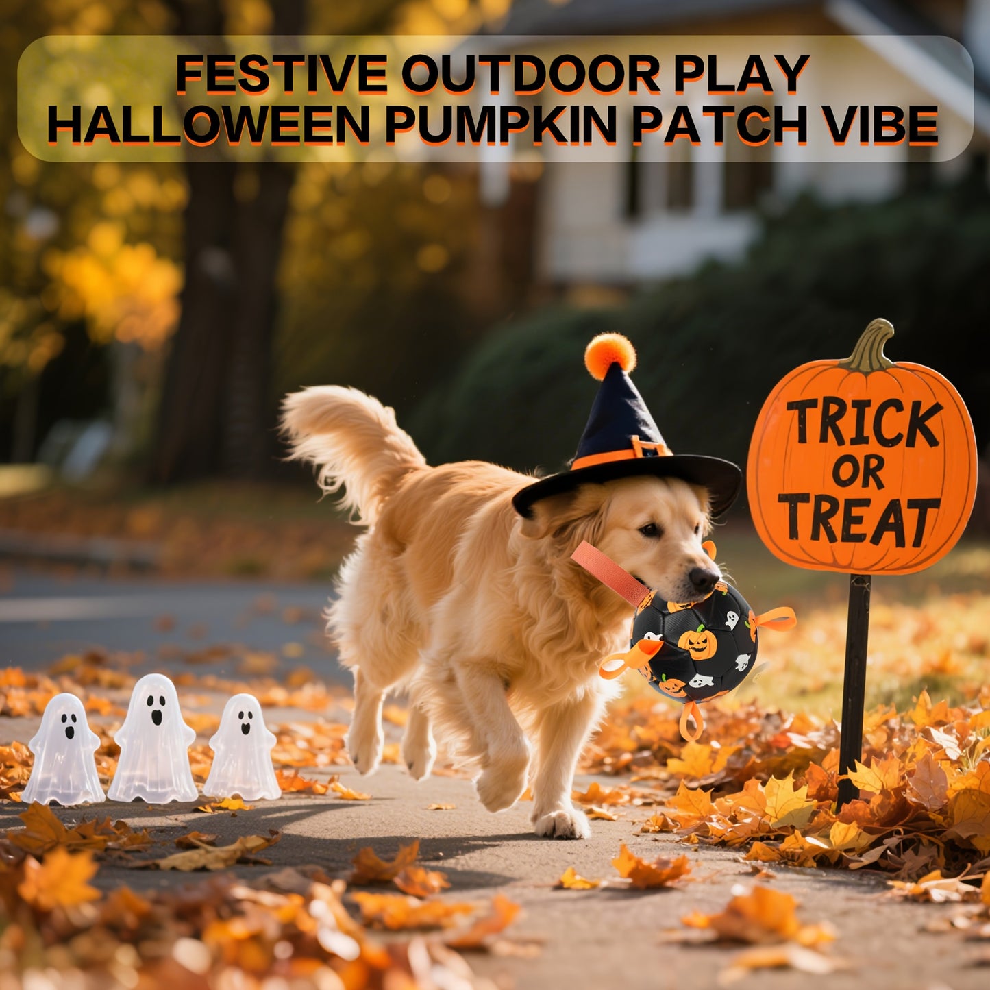 Halloween Dog Ball Toy with Pump – Football Shaped Chew Ball for Dogs, Pumpkin Ghost Design, Durable Rubber Fetch Toy