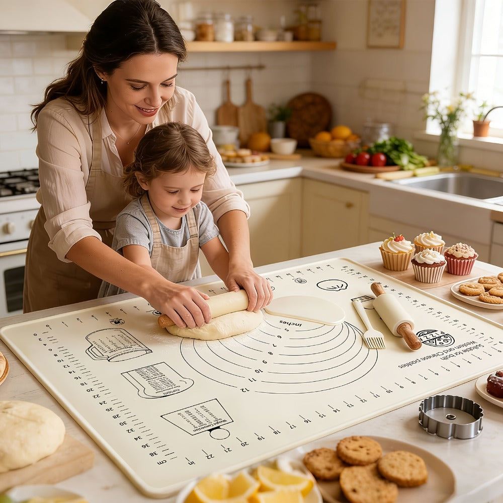Silicone Baking Mat Set 4pcs, Extra Thick Non-Stick Pastry Mat with Measurement Scales, Non-Slip Dough Kneading Mat, Includes Rolling Pin