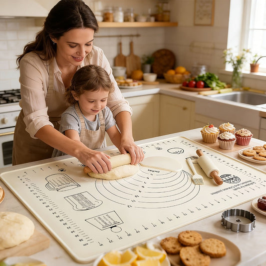 Silicone Baking Mat Set 4pcs, Extra Thick Non-Stick Pastry Mat with Measurement Scales, Non-Slip Dough Kneading Mat, Includes Rolling Pin