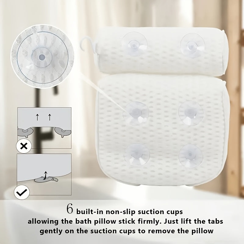 Bath Pillow 4D Grid Neck and Back Support Bathtub Cushion with 6 Suction Cups, Hooks, Quick-Dry & Machine Washable Spa Pillow for Tub