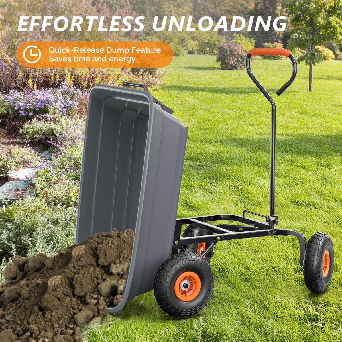 Garden Cart Dump Wagon, 4-Wheel Poly Cargo Cart with 2-in-1 Handle for Garden, Farm, Lawn and Yard Hauling