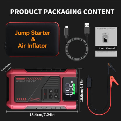 Portable Jump Starter 9-in-1 with Air Compressor – 12V Car Battery Booster for 8.0L Gas & 6.5L Diesel, USB-C, LED Emergency Light