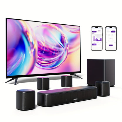 5.1 Surround Sound Bar System with Wired Subwoofer 2 Surround Speakers App Control for Bedside Audio, Alarms and Room Entertainment