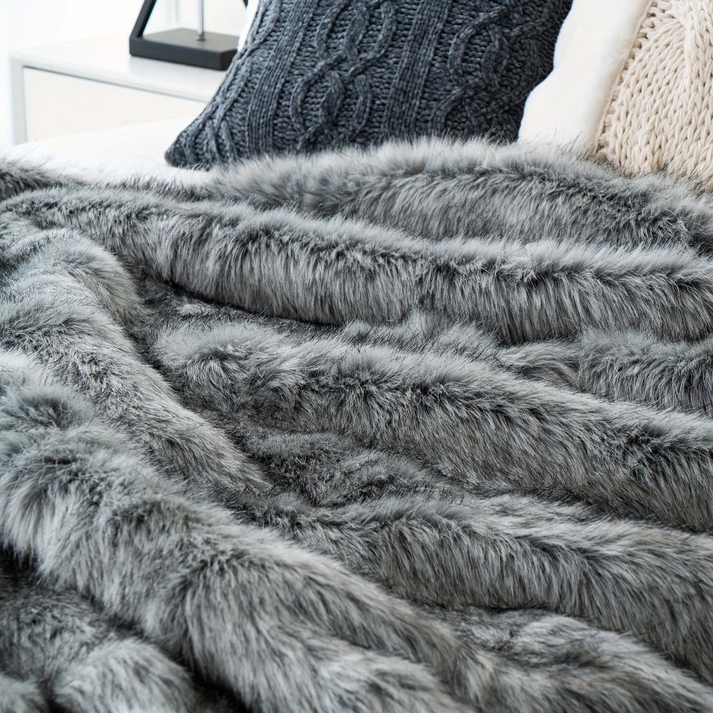 Long Hair Fluffy Reversible Plush Velvet Throw Blanket, 300-350gsm Elegant Throw for Couch & Bed